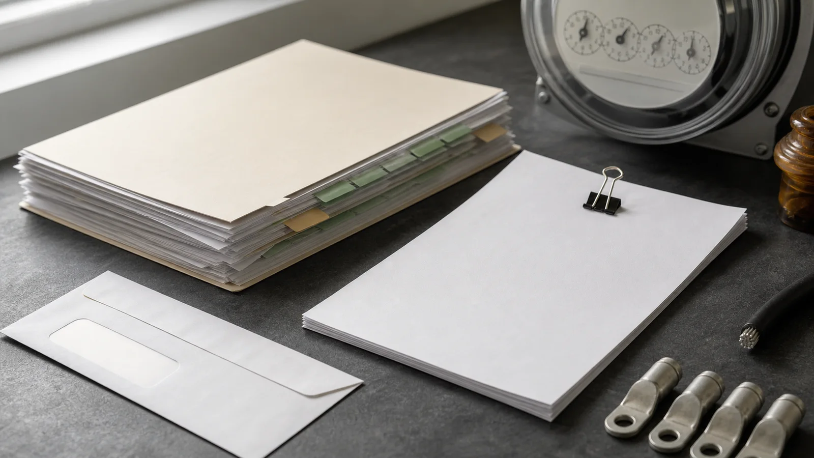 Blank pledge papers and a thicker regulator filing folder beside a utility meter dial.