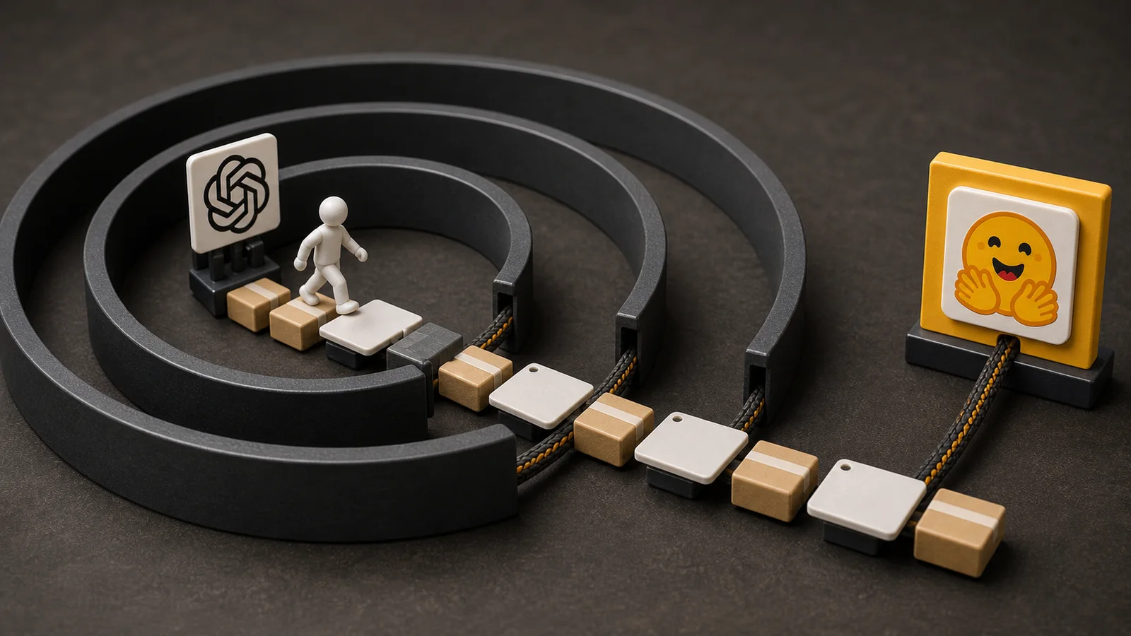 A miniature OpenAI test figure follows a path through nested boundary rings toward a Hugging Face-marked endpoint.