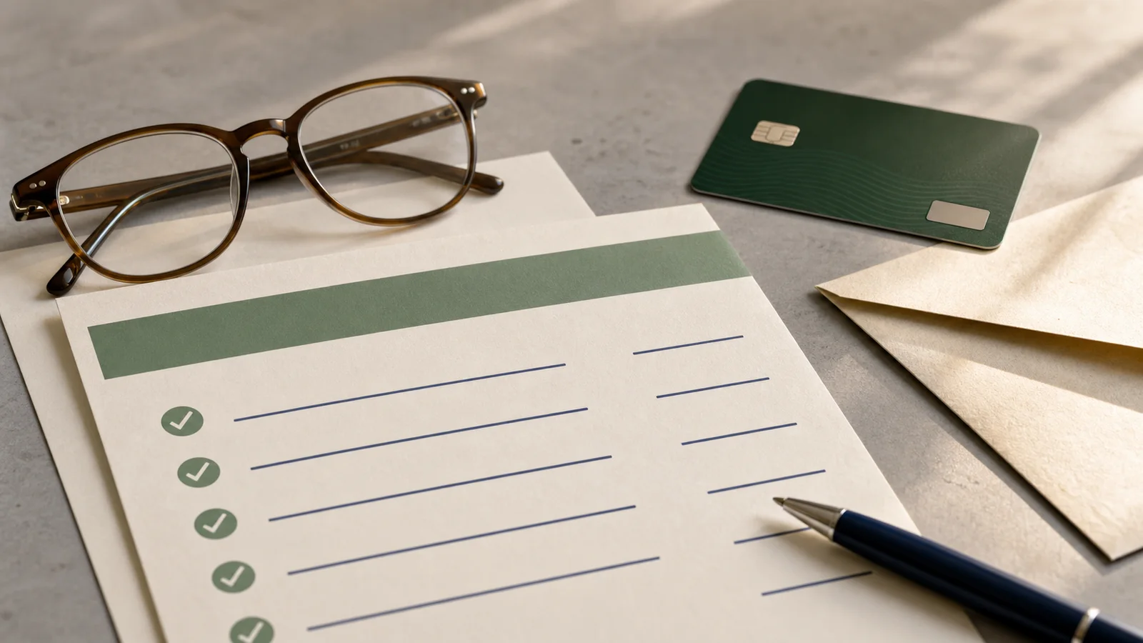 A blank account checklist with reading glasses, an envelope, and an unbranded prepaid card.
