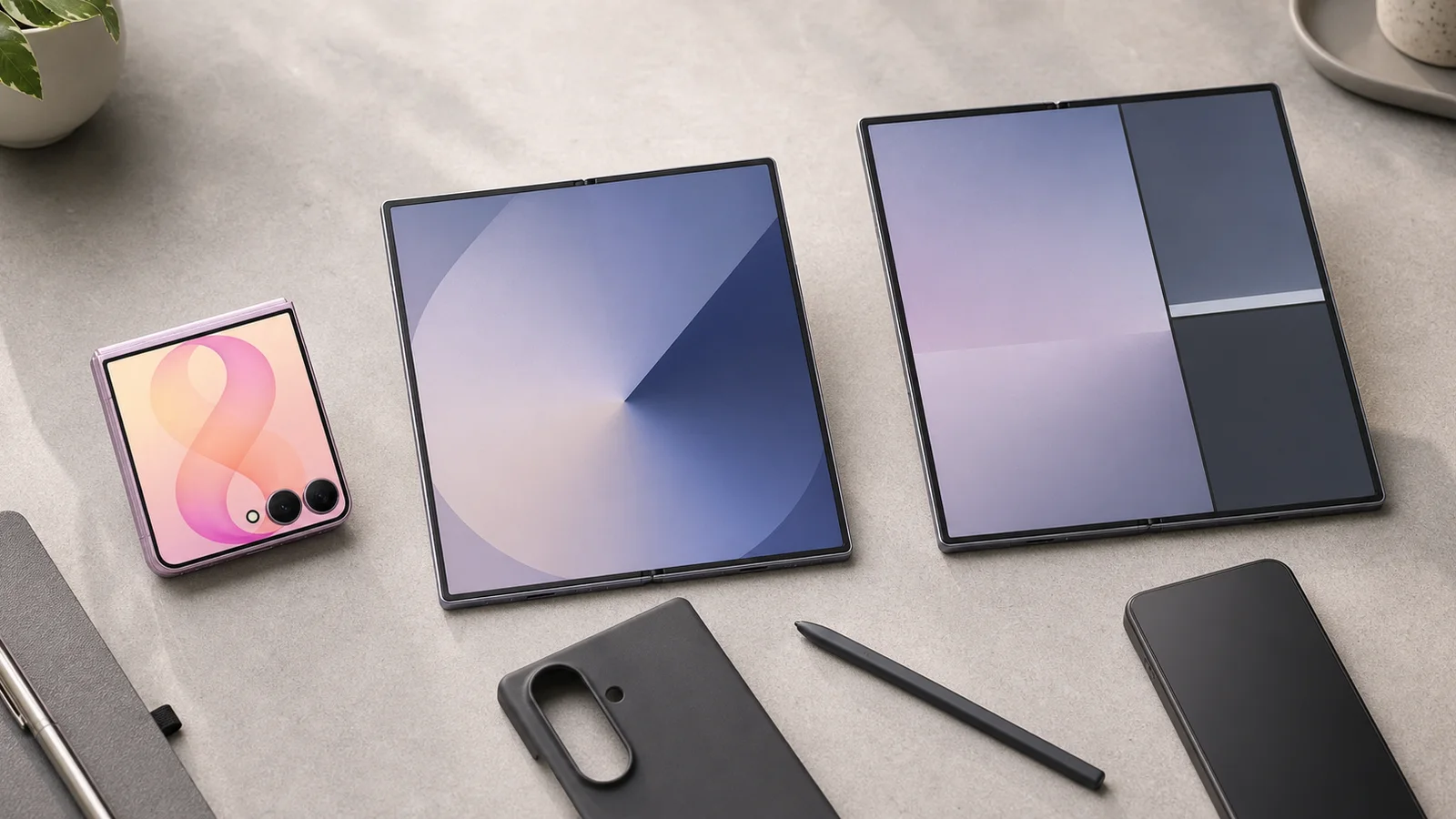 Samsung Galaxy Z Flip8, Galaxy Z Fold8 and Galaxy Z Fold8 Ultra phones arranged by compact, reading and multitasking use cases