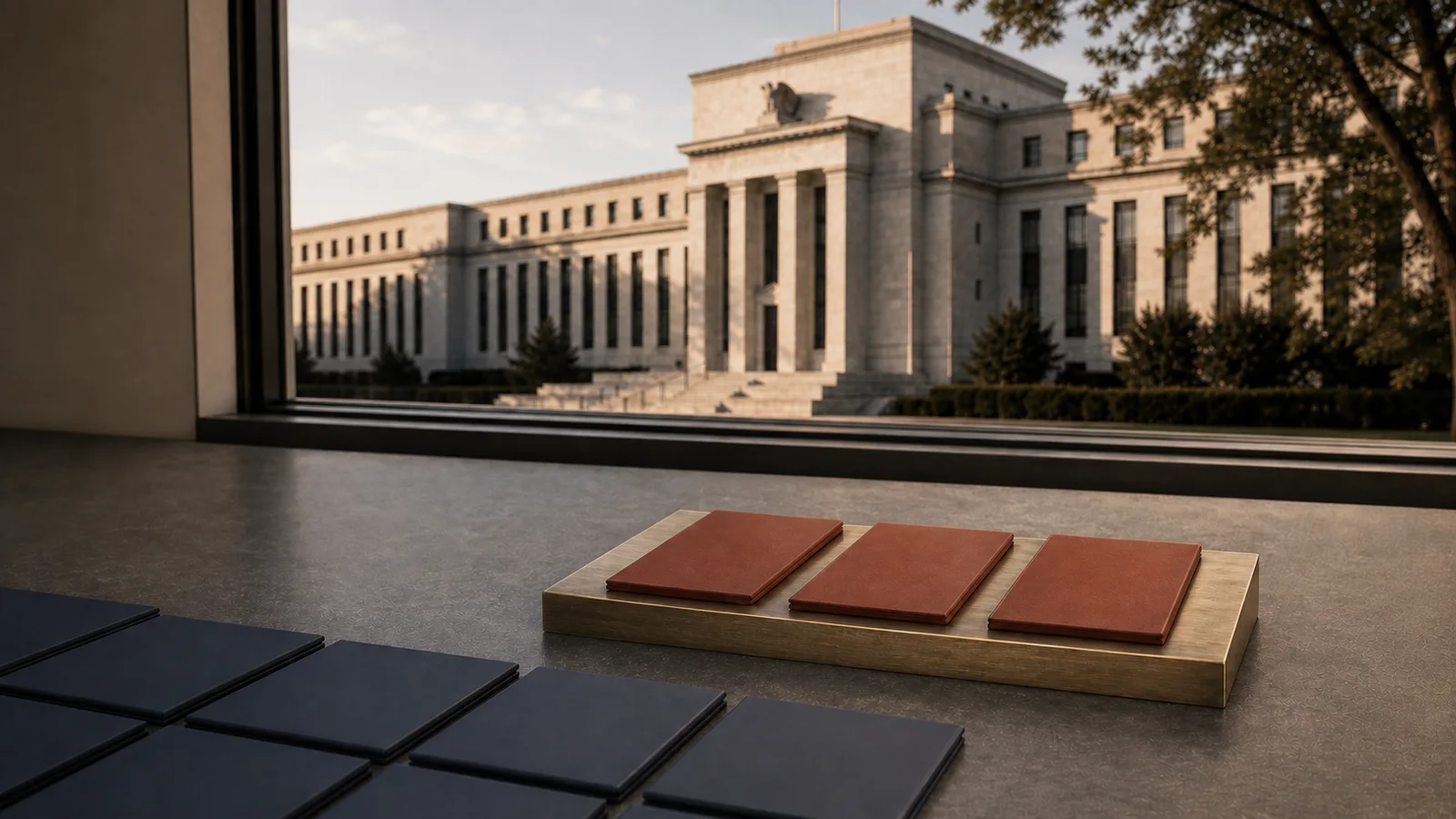 Three rust-colored policy folders raised above a low navy group with the Federal Reserve building behind them