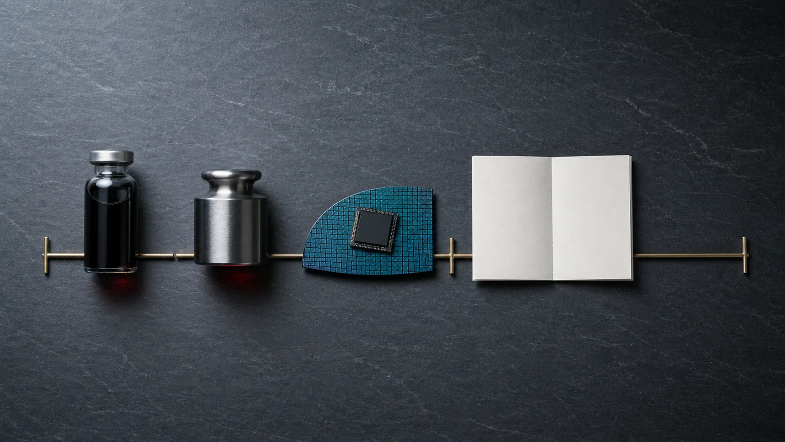 A crude-oil vial, steel weight, silicon chip and blank calendar form a four-part market watchlist on a slate surface.