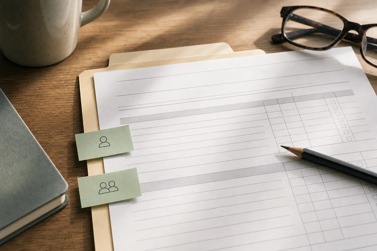 A generic tax worksheet with blank lines, a pencil, folder tab, sticky notes, and reading glasses on a desk.
