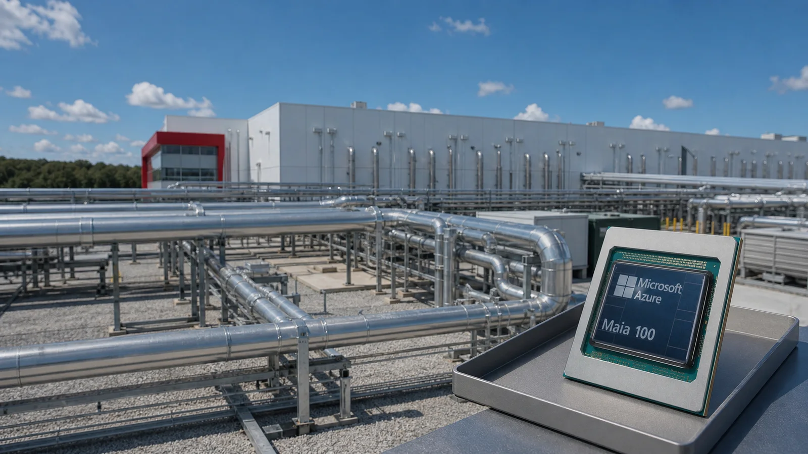 Microsoft AI datacenter cooling equipment stretching behind a Microsoft Azure Maia 100 chip module.