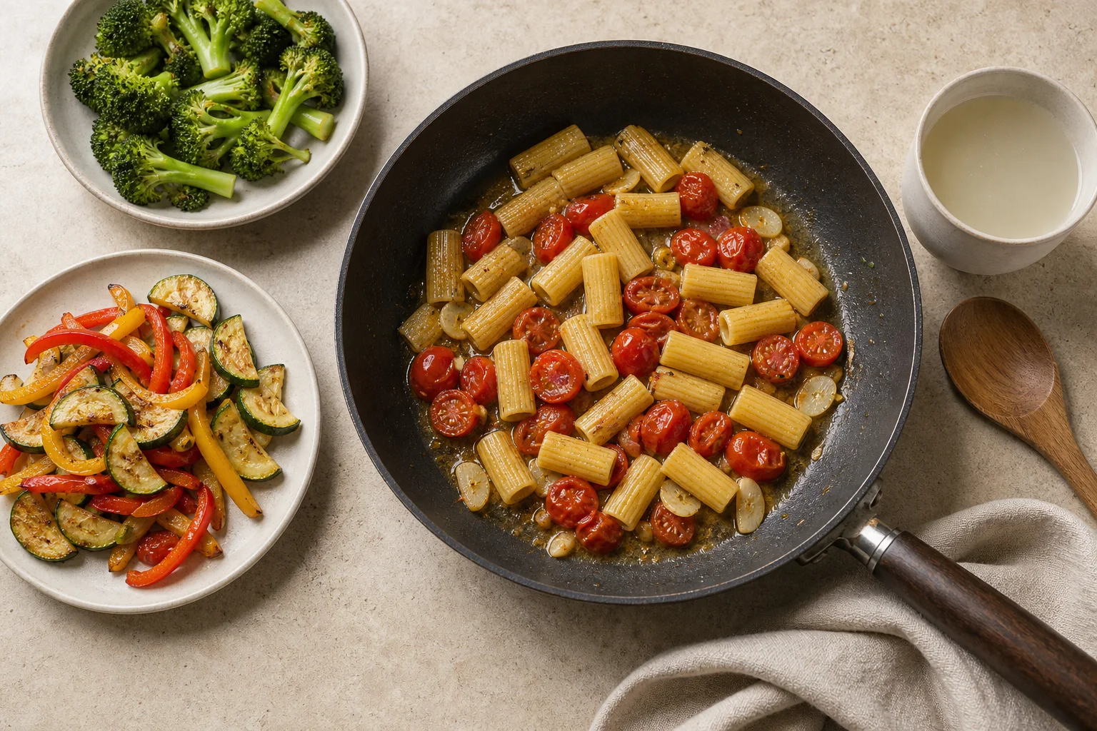 A skillet of pasta beside separate plates of browned vegetables and a cup of reserved pasta water