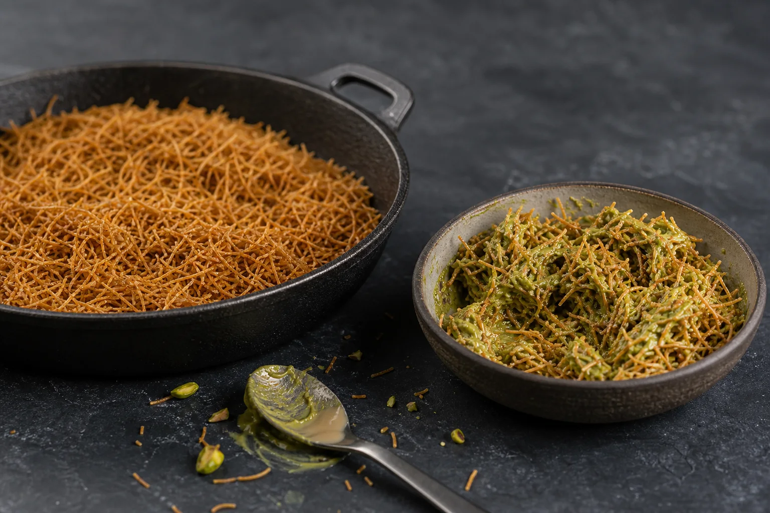 Deep-golden kataifi in a skillet beside pistachio cream folded with crisp pastry strands.