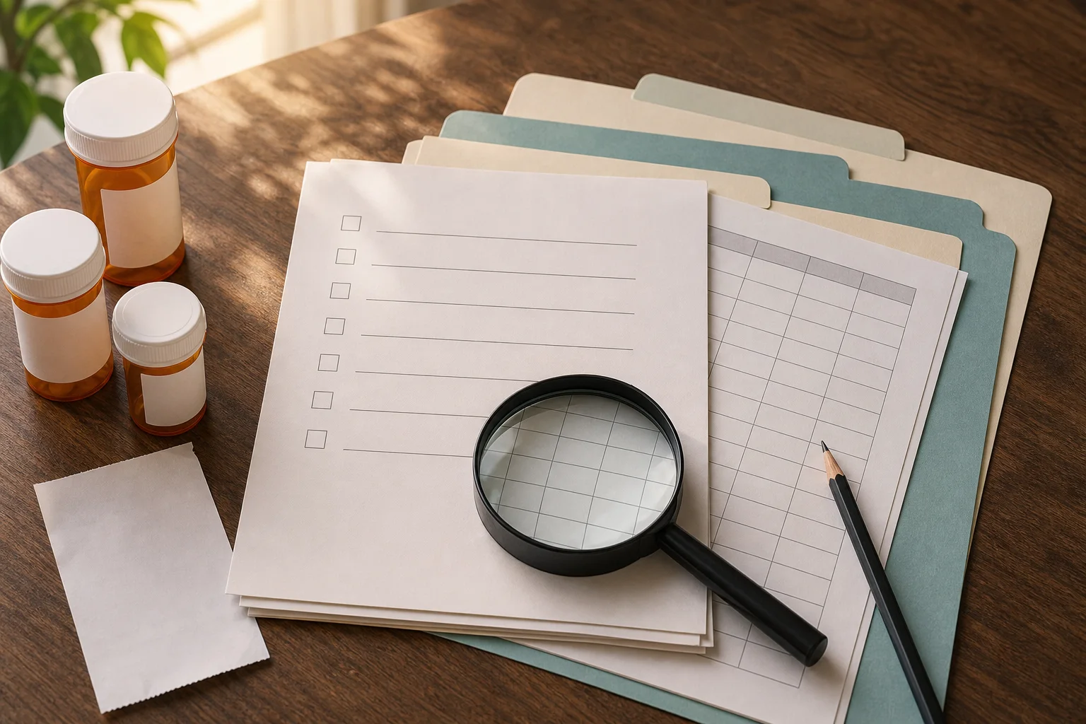 Generic plan folders, prescription bottles and a checklist arranged for comparing Medicare drug coverage details.