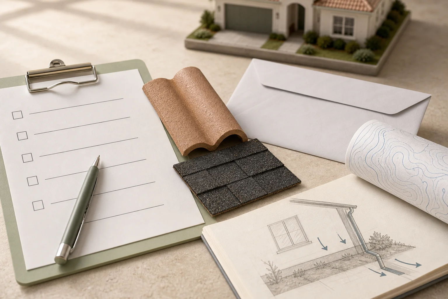 Roof materials, an insurance envelope, inspection checklist and elevation sheet arranged for a Florida home risk review
