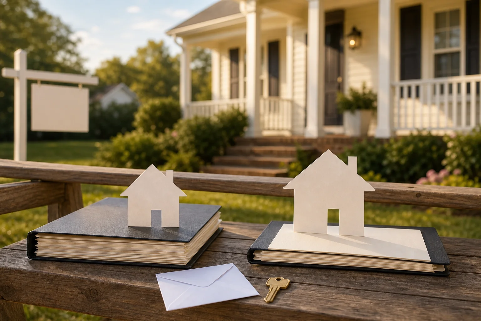 Blank mortgage folders and two different-size house cutouts arranged on the porch of a home for sale