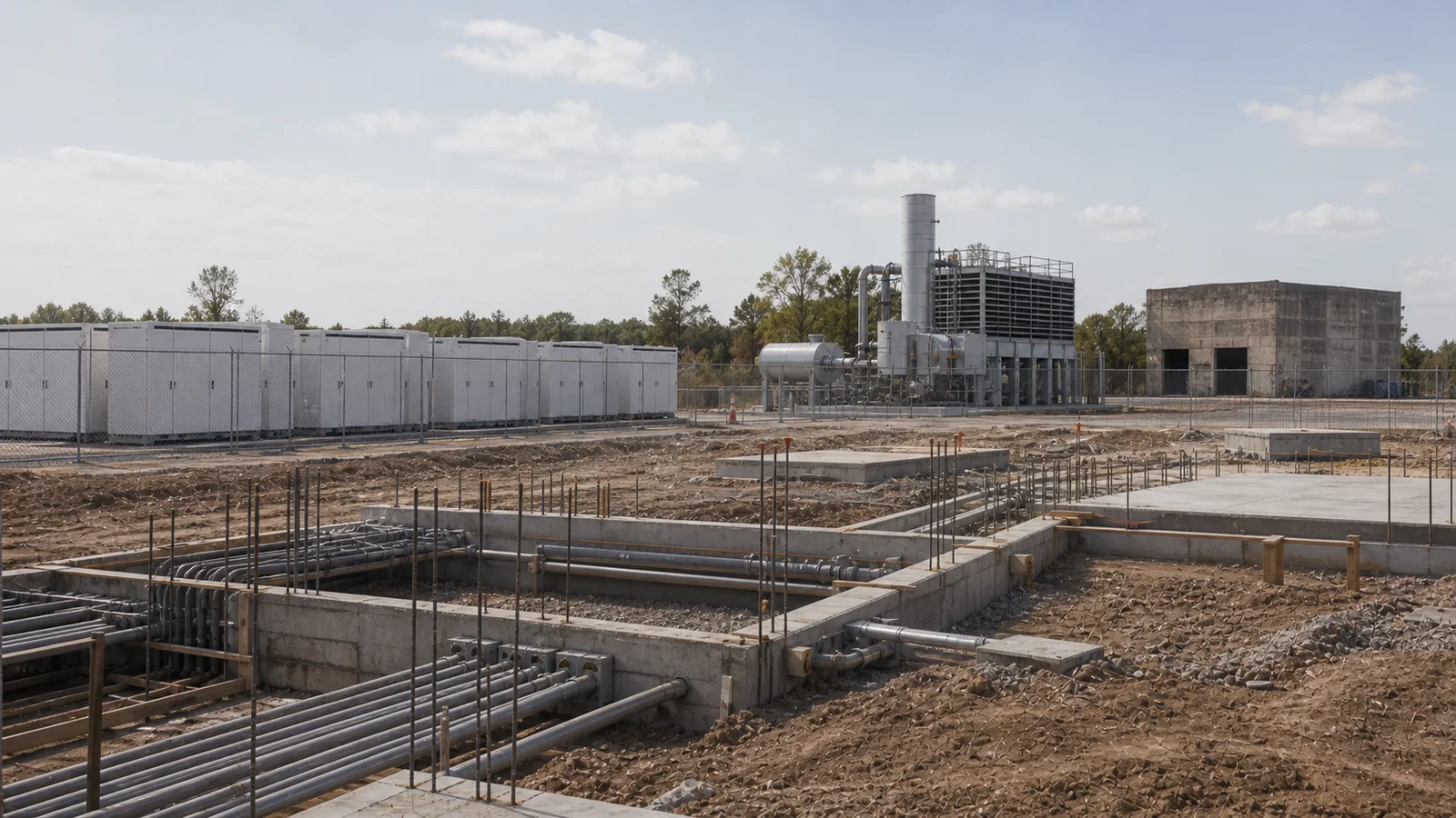Generic industrial brownfield with new data center foundations, utility equipment and battery storage being prepared for redevelopment