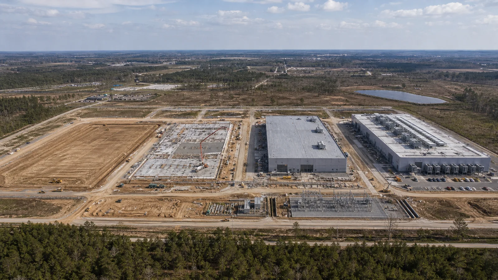Four generic data center parcels showing bare ground, foundations, a building shell and a completed facility along one utility corridor