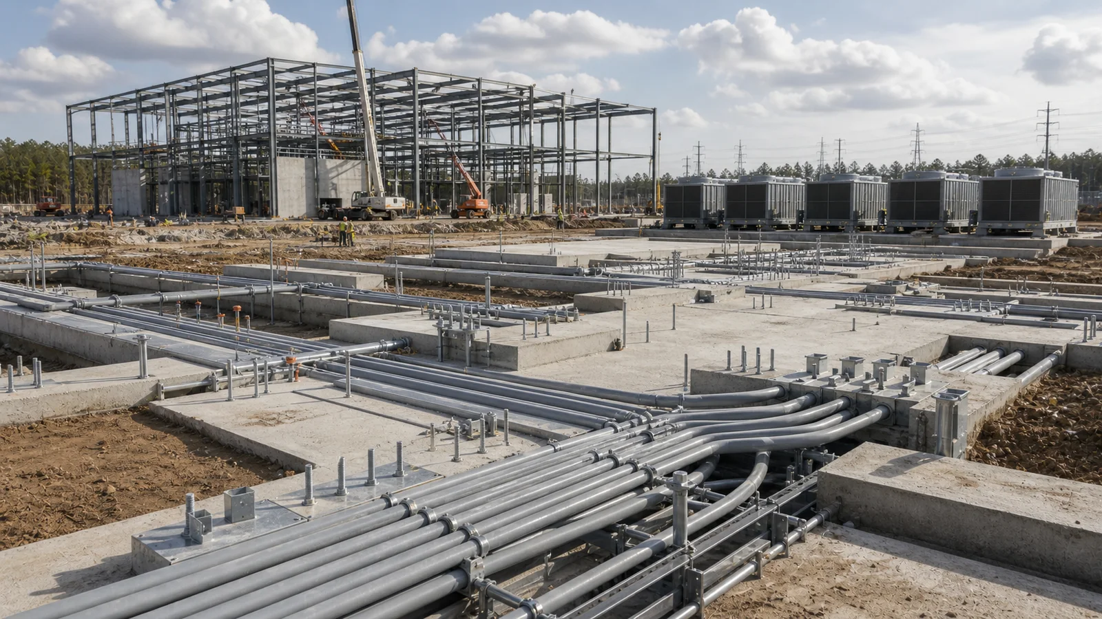 Generic data center construction site with electrical conduit, concrete foundations, steel framing and cooling modules awaiting installation