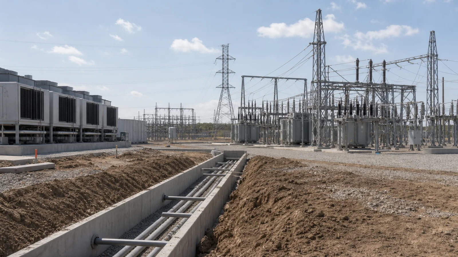 Generic data center service yard facing transformer banks, a substation, transmission lines and an unfinished utility connection