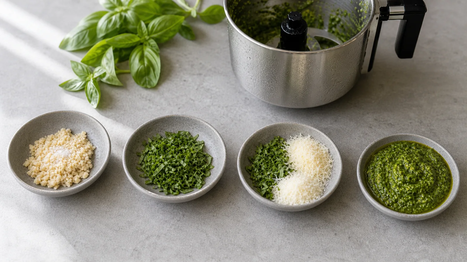 Four bowls show pesto built in stages from crushed nuts and garlic to basil, cheese and olive oil