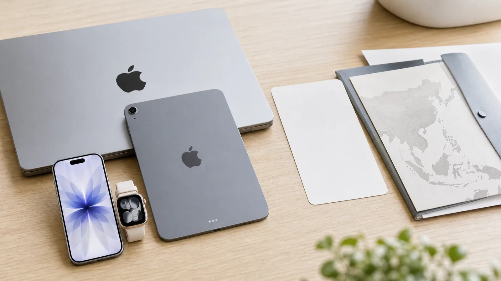 Apple devices arranged with blank business notes, showing hardware strength beside Services and regional-demand checks.