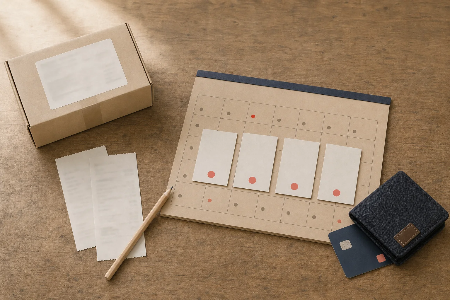 Four installment reminders sit on a calendar beside purchase receipts, a return parcel, a debit card and a wallet.