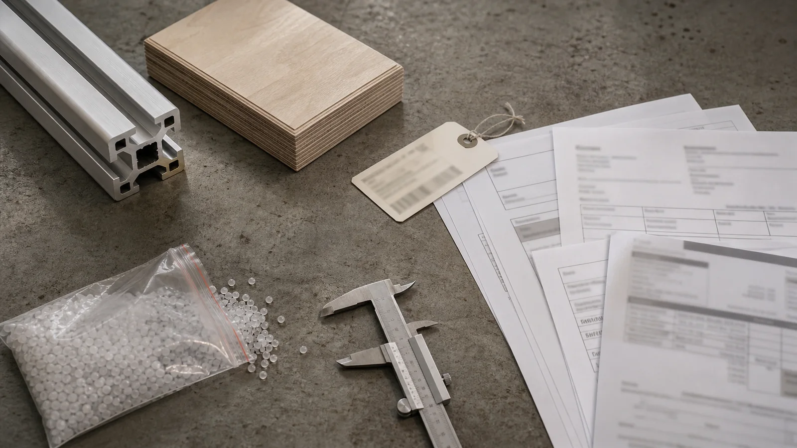 Aluminum, plywood and resin samples arranged beside inconsistent shipping paperwork and a measuring caliper.