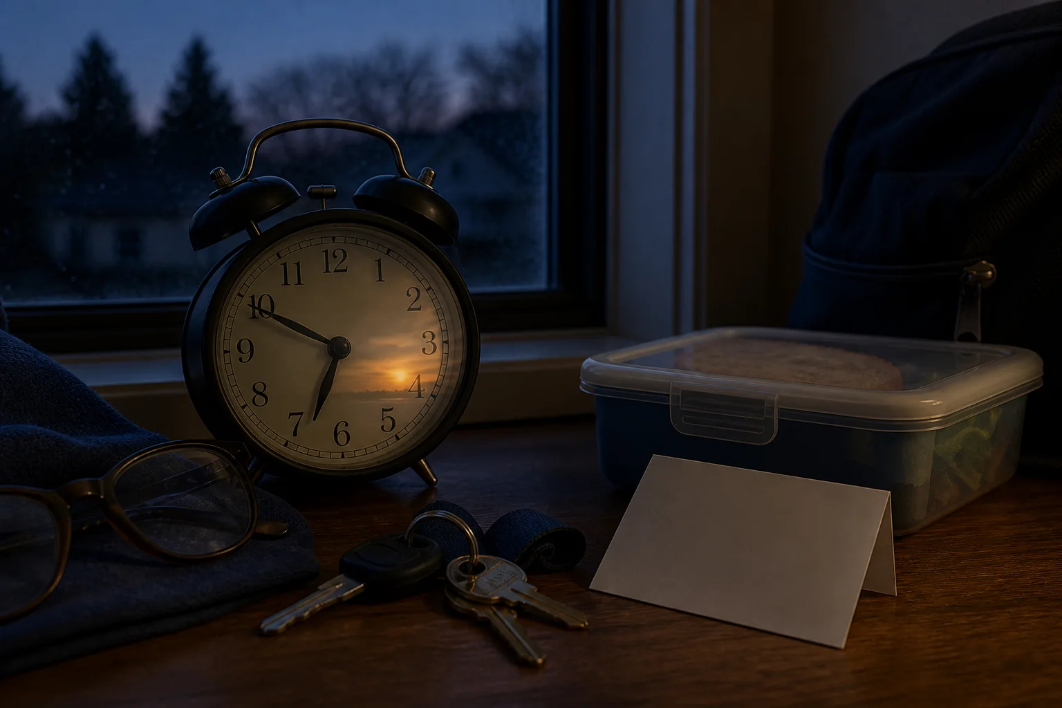 An alarm clock, keys, glasses and a lunch container sit by a dark window before dawn