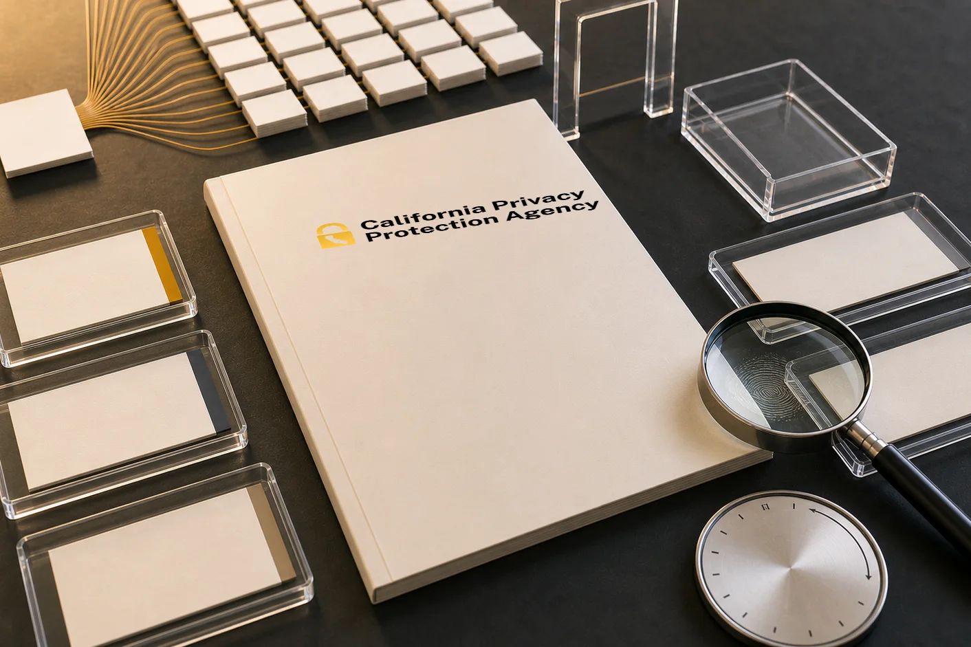 California Privacy Protection Agency audit folder beside five anonymous status cards arranged for inspection