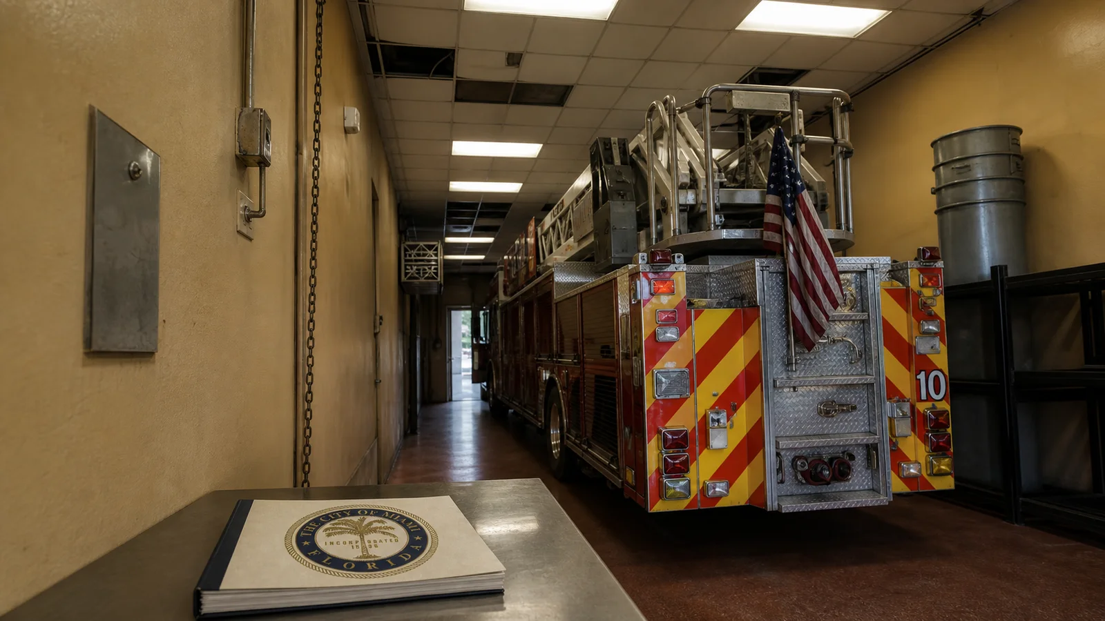 A source-grounded City of Miami Fire Station 10 apparatus bay shows a modern fire vehicle beneath missing ceiling panels in the aging facility.