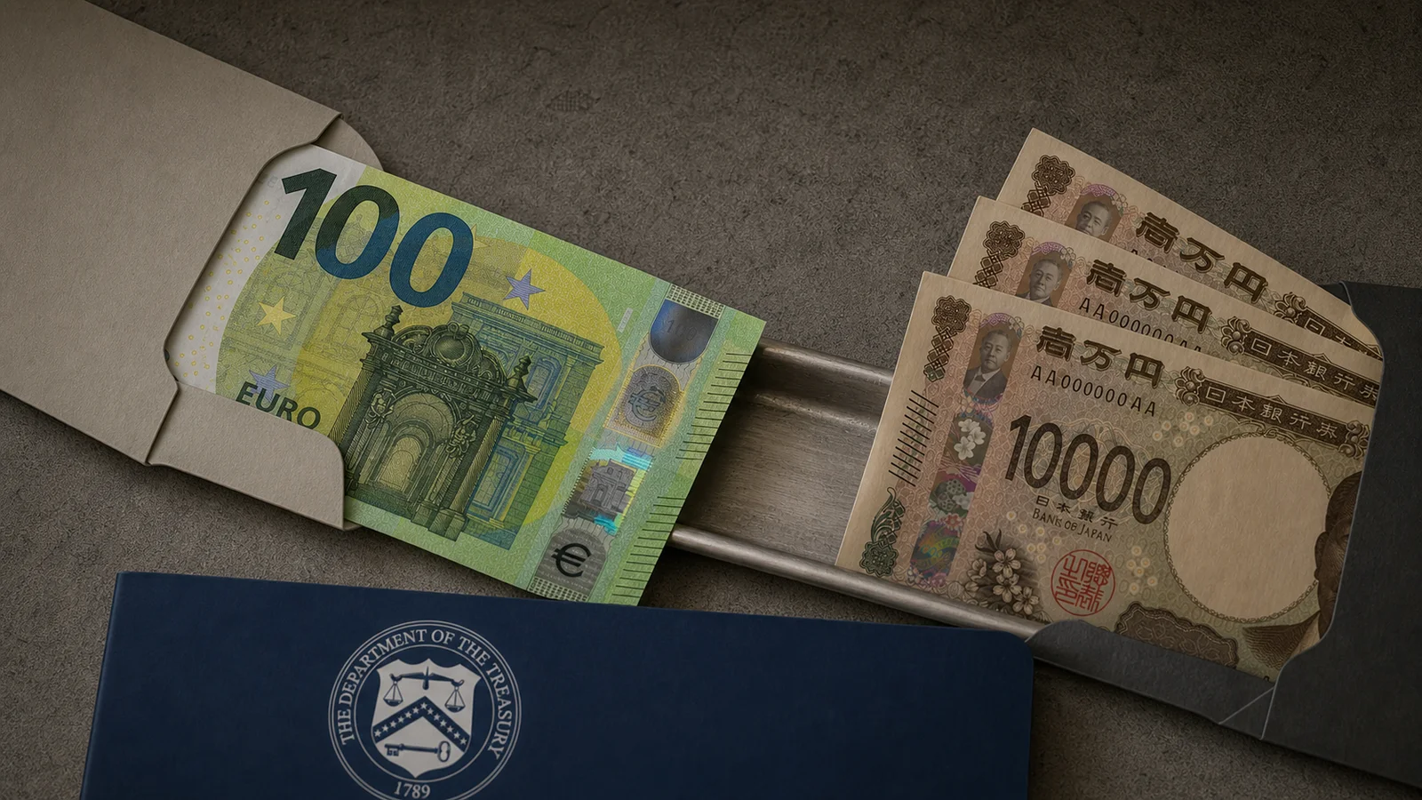 Euro notes moving out of one sleeve as Japanese yen notes enter another beside a U.S. Treasury folder