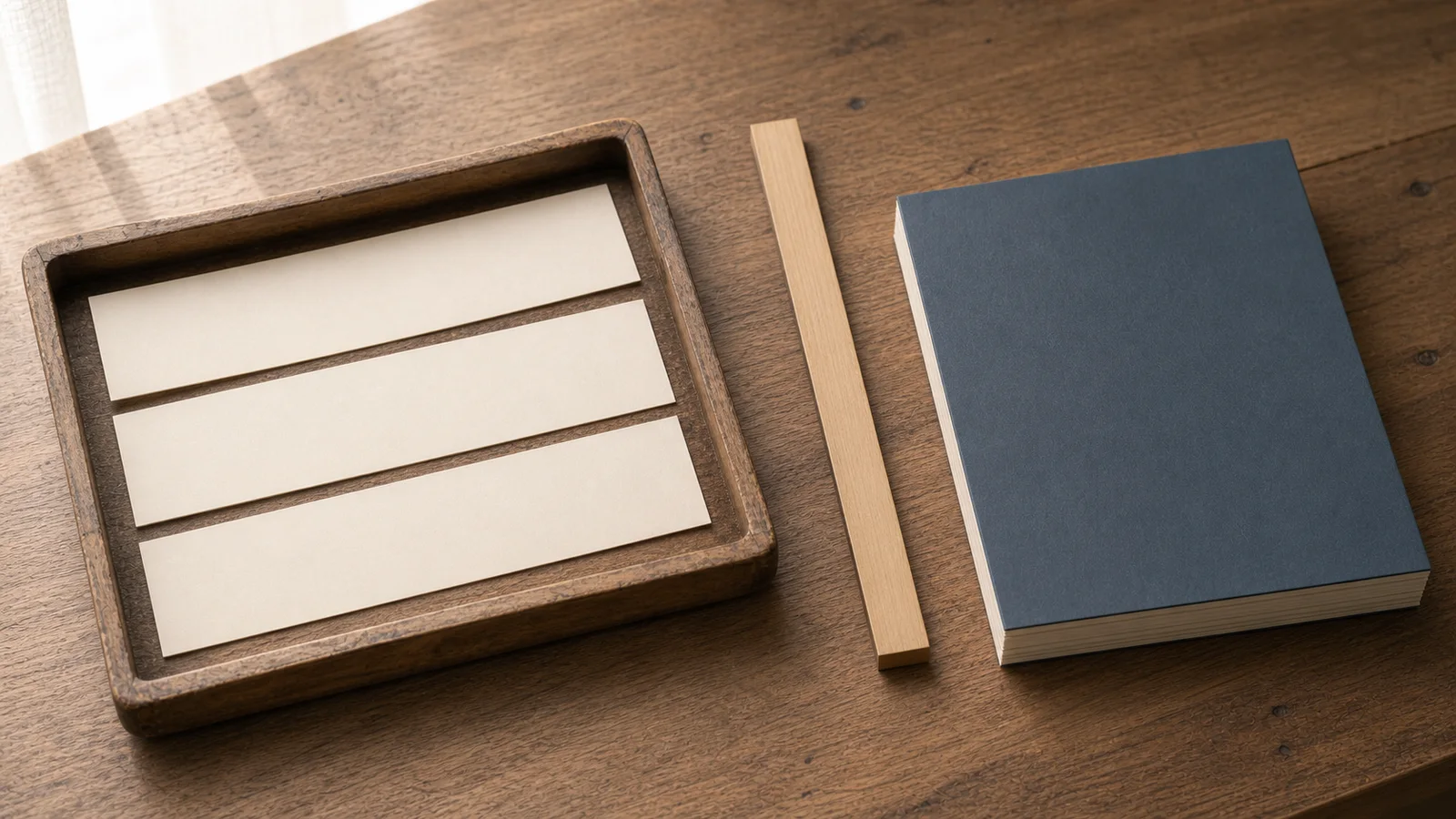 Three monthly receipt strips feeding into a comparison tray beside a bound prior-period paper stack