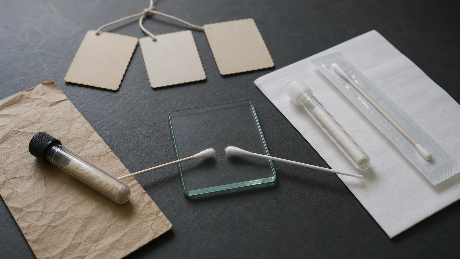 An older DNA sample and a fresh reference swab meeting at a comparison tray, with family-photo backs behind them