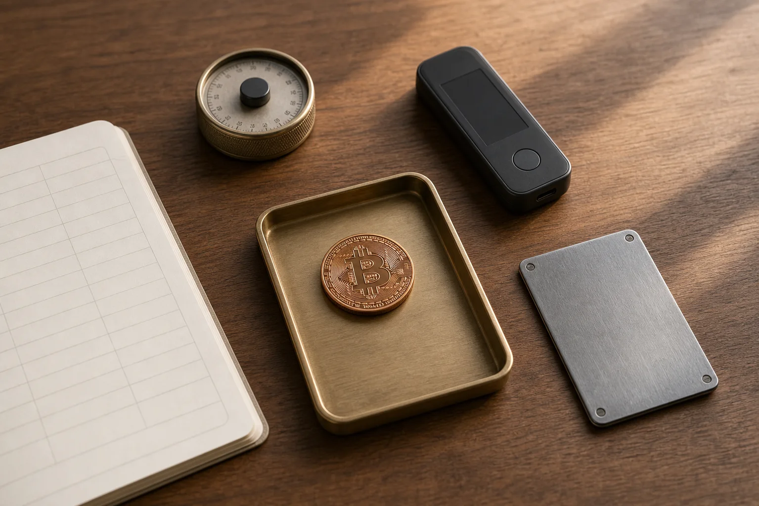 A selected Bitcoin token beside a hardware wallet, recovery plate and blank transaction ledger prepared for a sale decision