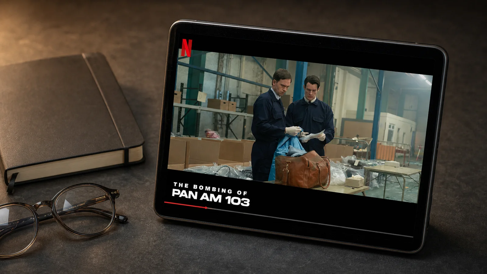A tablet displays an official dramatized evidence-sorting scene from Netflix’s The Bombing of Pan Am 103 beside a closed notebook.