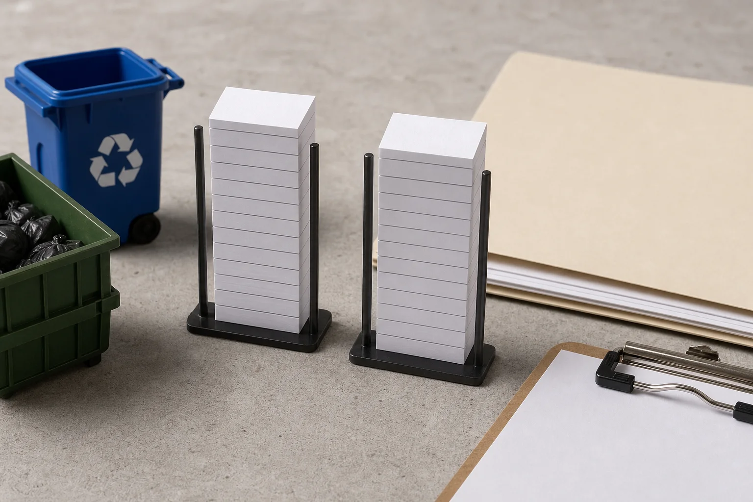 Blank capacity gauges, waste containers and a permit folder staged to show landfill-planning pressure.