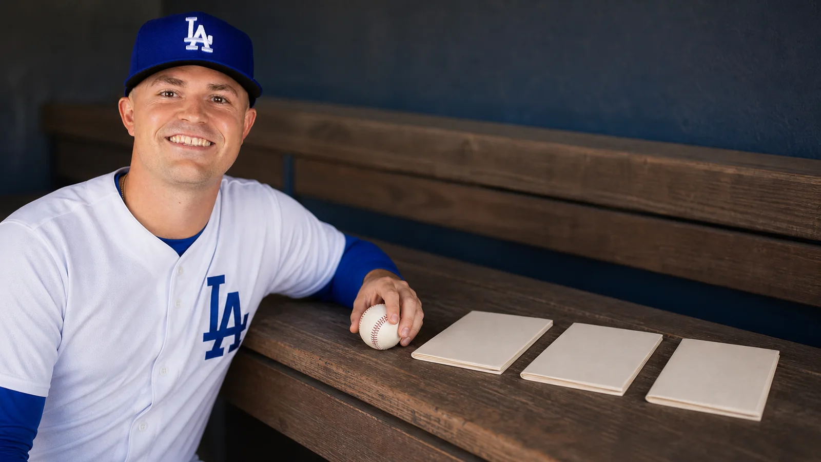 Tarik Skubal in a Dodgers cap places one baseball beside three closed blank scouting folders on a clubhouse bench.