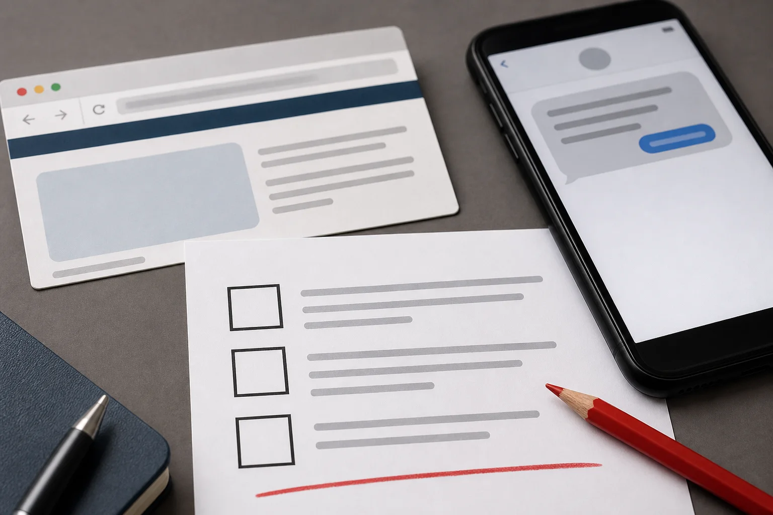 A checklist, blurred browser address bar, and phone message arranged as tax-scam warning signs.