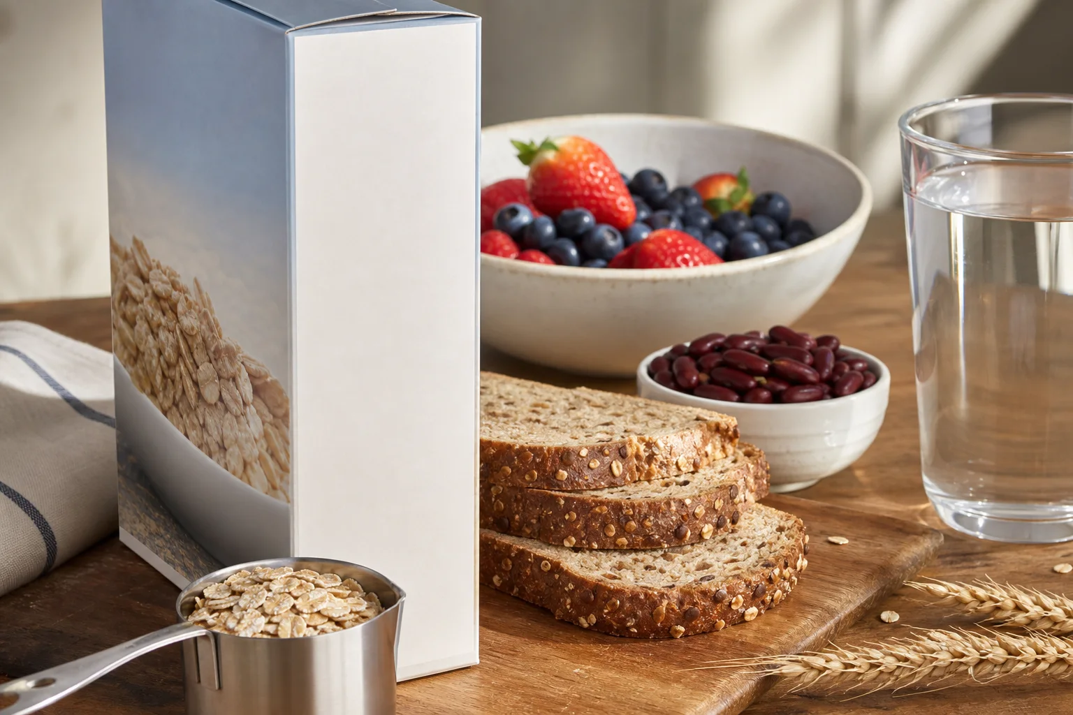 A blank food package panel, measuring cup, whole grains, berries, beans, and water set up for a fiber label check.