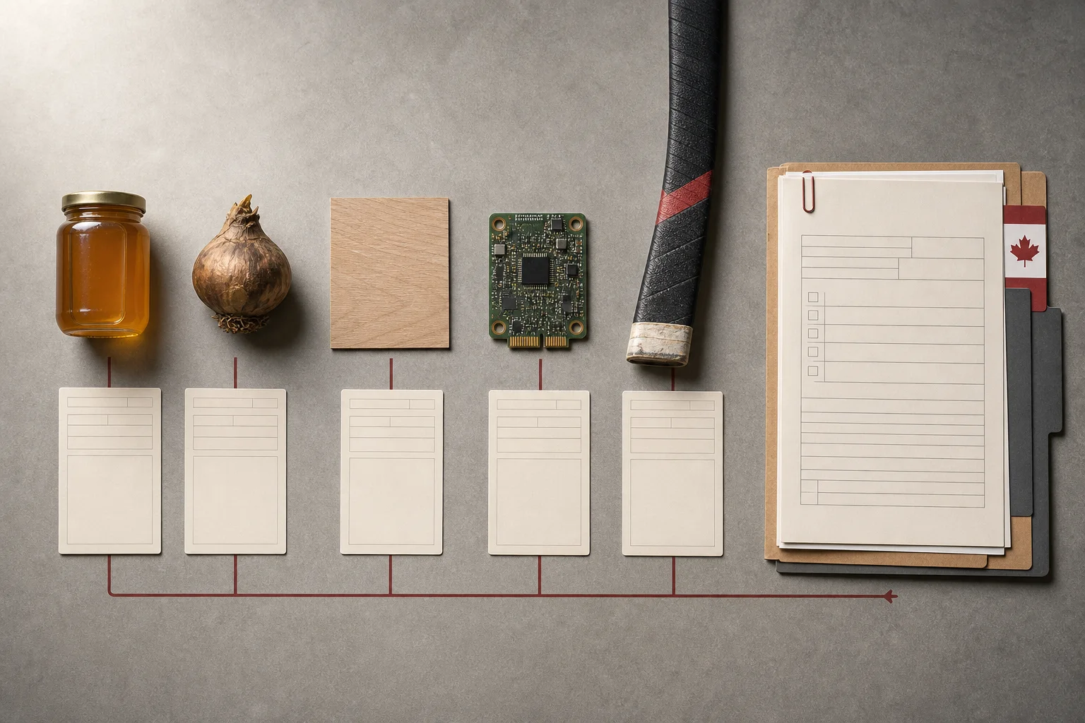 Five different goods aligned with blank customs classification cards and a shipment review folder