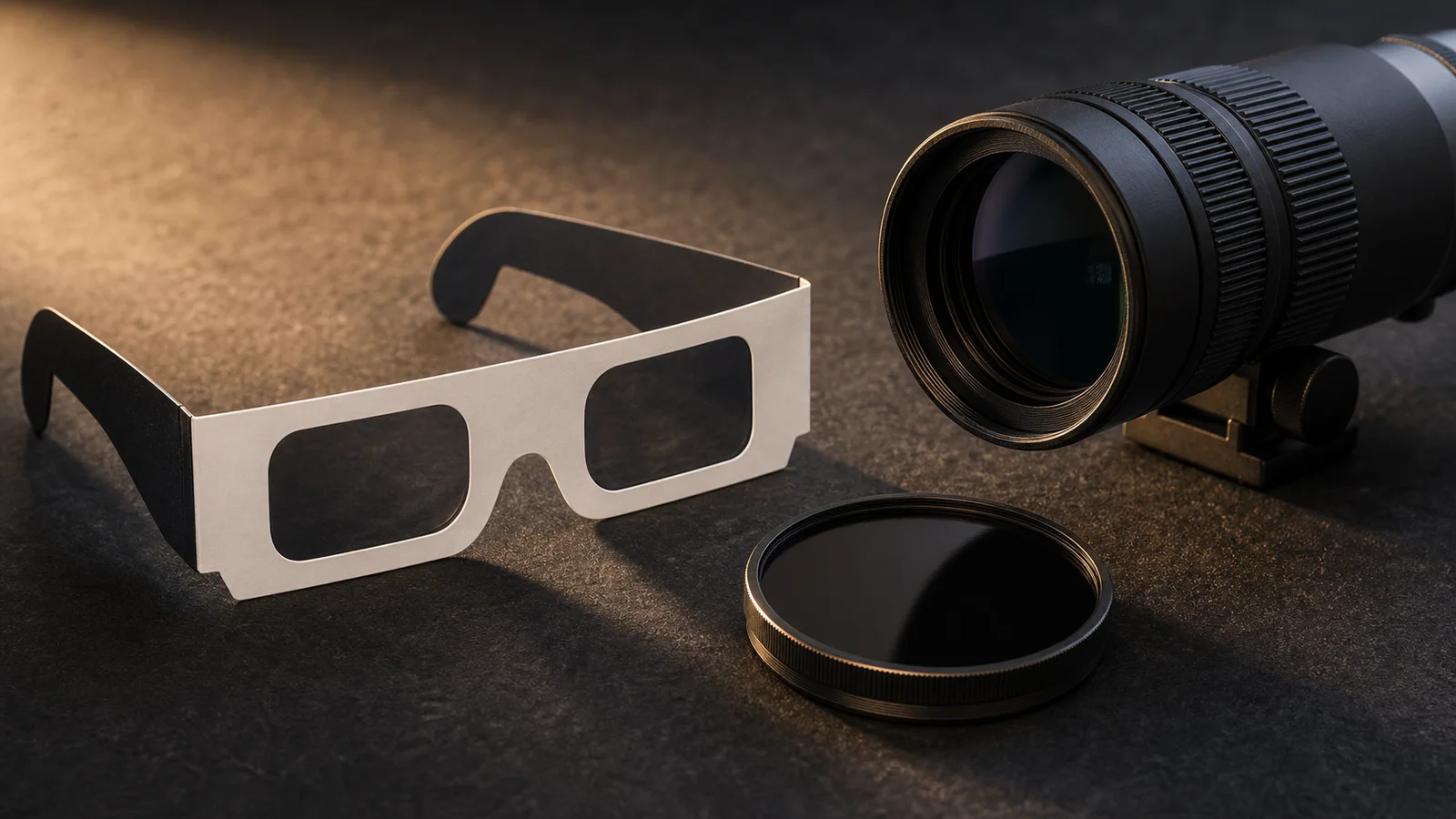 Eclipse glasses beside a camera lens and separate front solar filter on a tabletop.