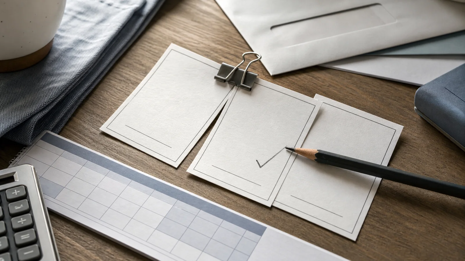 Blank budget scenario cards, a calendar strip, and an unreadable benefit envelope arranged on a tabletop.