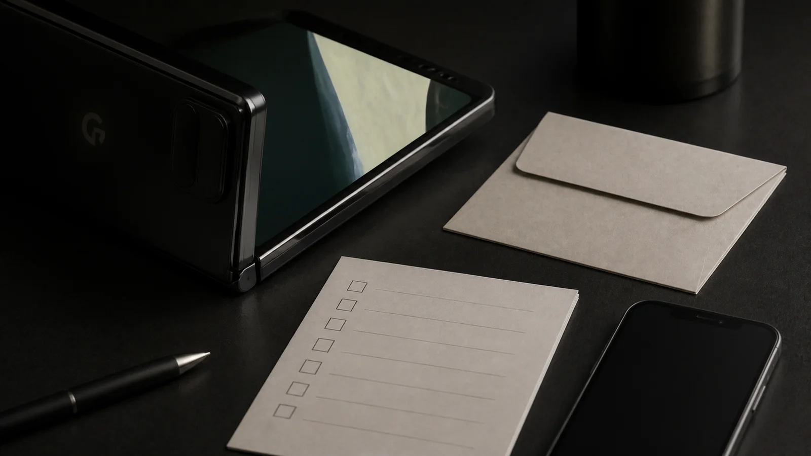A Google Pixel 11 Pro Fold-style hinge beside blank trade-in and protection-plan paperwork