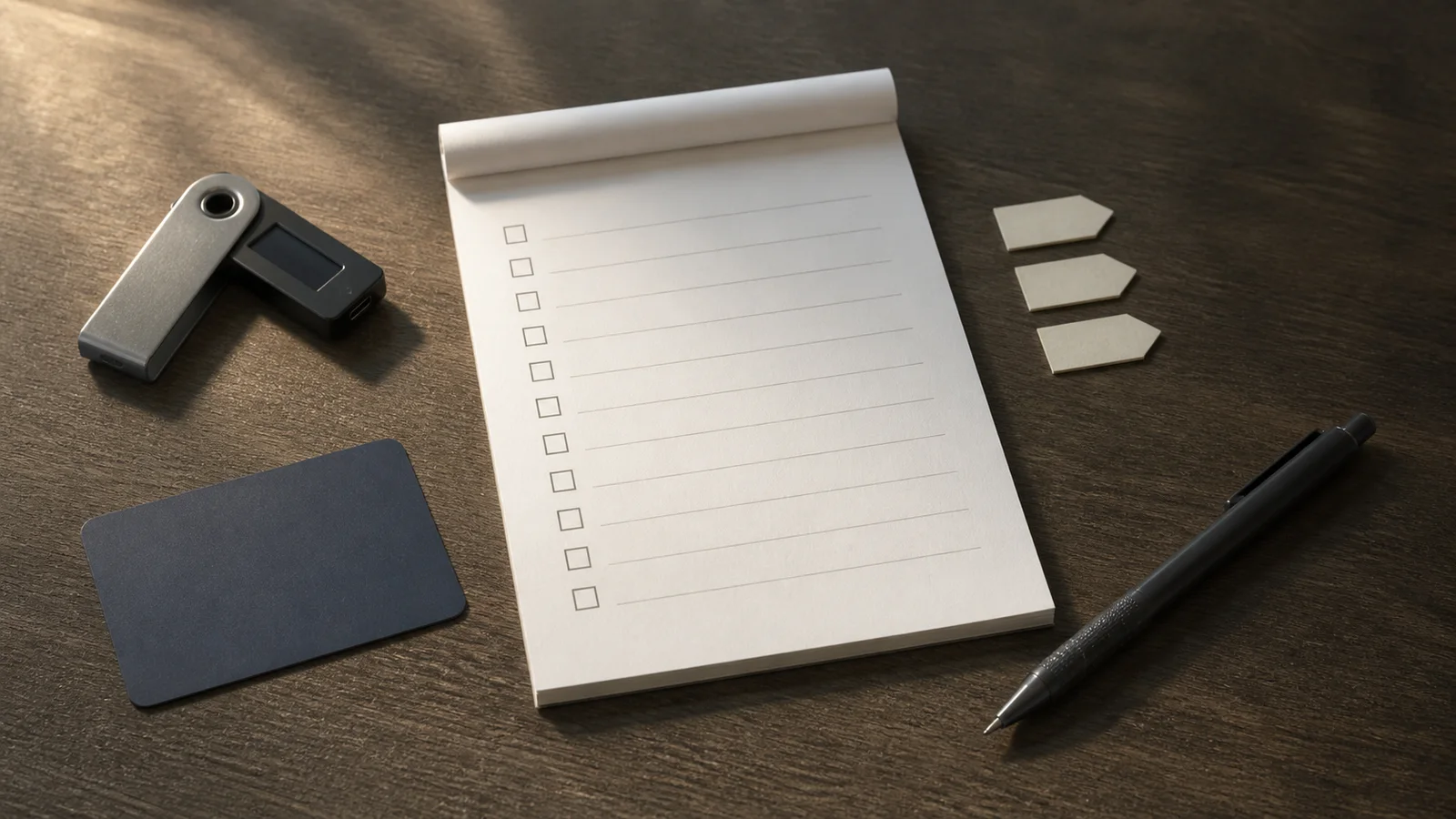 A blank checklist, payment card, hardware wallet, paper tabs, and pen arranged as a personal risk review