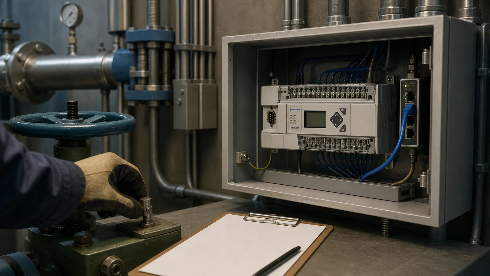 A cropped utility-control scene shows a MicroLogix-style controller near a valve wheel and blank manual-operations checklist.