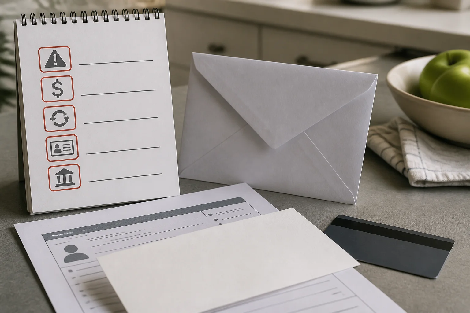 A blank checklist, generic envelope, covered account form, and unbranded payment card arranged as scam warning signs