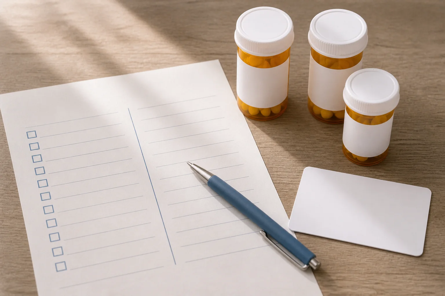 A medication checklist, prescription bottles and a pen arranged for comparing drug plan costs.