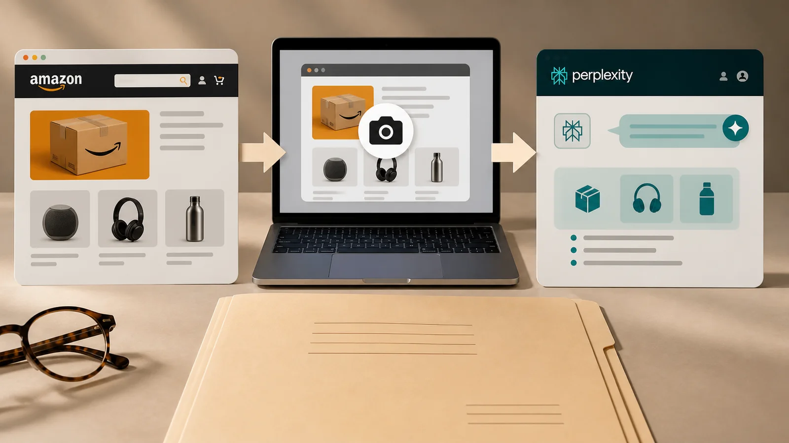 Amazon, user browser and Perplexity reference cards arranged as a generic AI shopping access flow