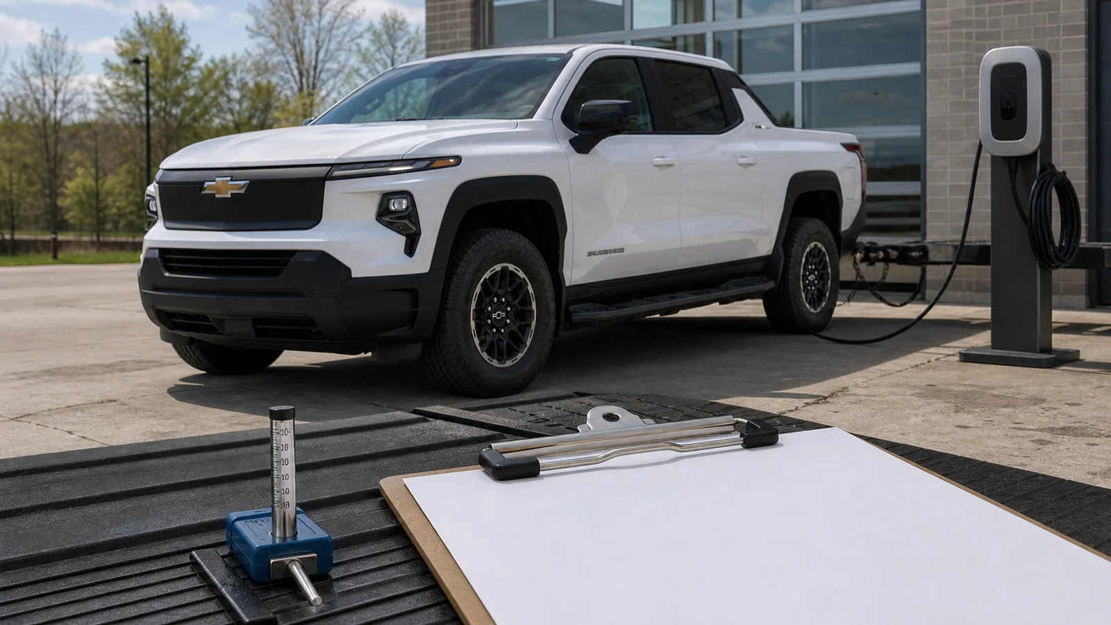 A Chevrolet Silverado EV near towing and charging gear for a range-cost check