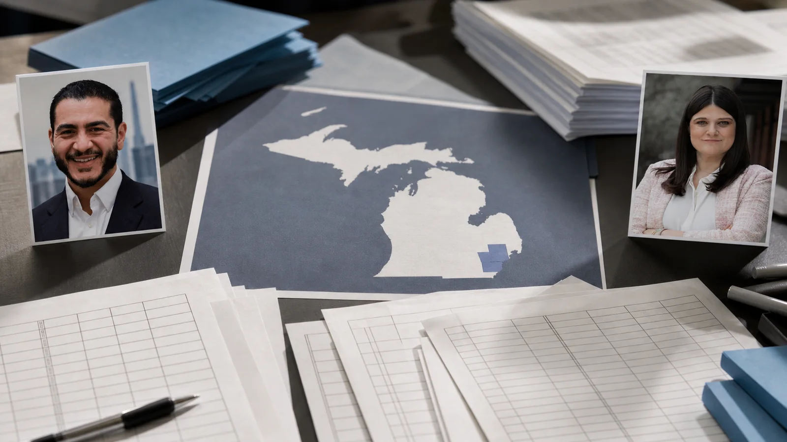 A source-grounded editorial count-table composition showing Abdul El-Sayed and Haley Stevens portrait cards beside unfinished Michigan primary returns