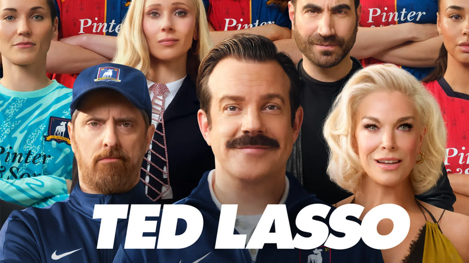 Cropped official Ted Lasso season-four artwork focusing on Ted and nearby Richmond players.