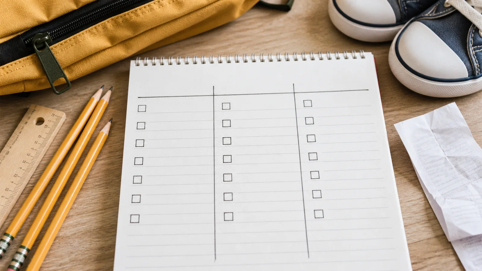 A back-to-school checklist surrounded by pencils, shoes, a backpack and a receipt