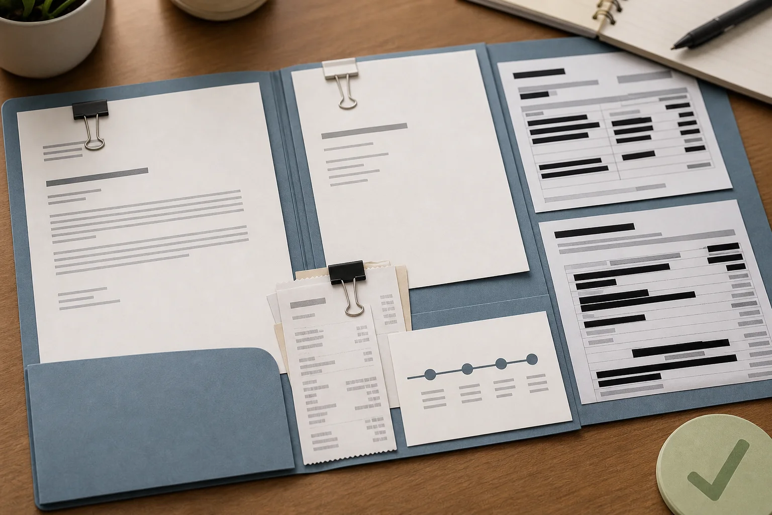 A claim folder with receipts, redacted statements and a blank timeline card for settlement records.