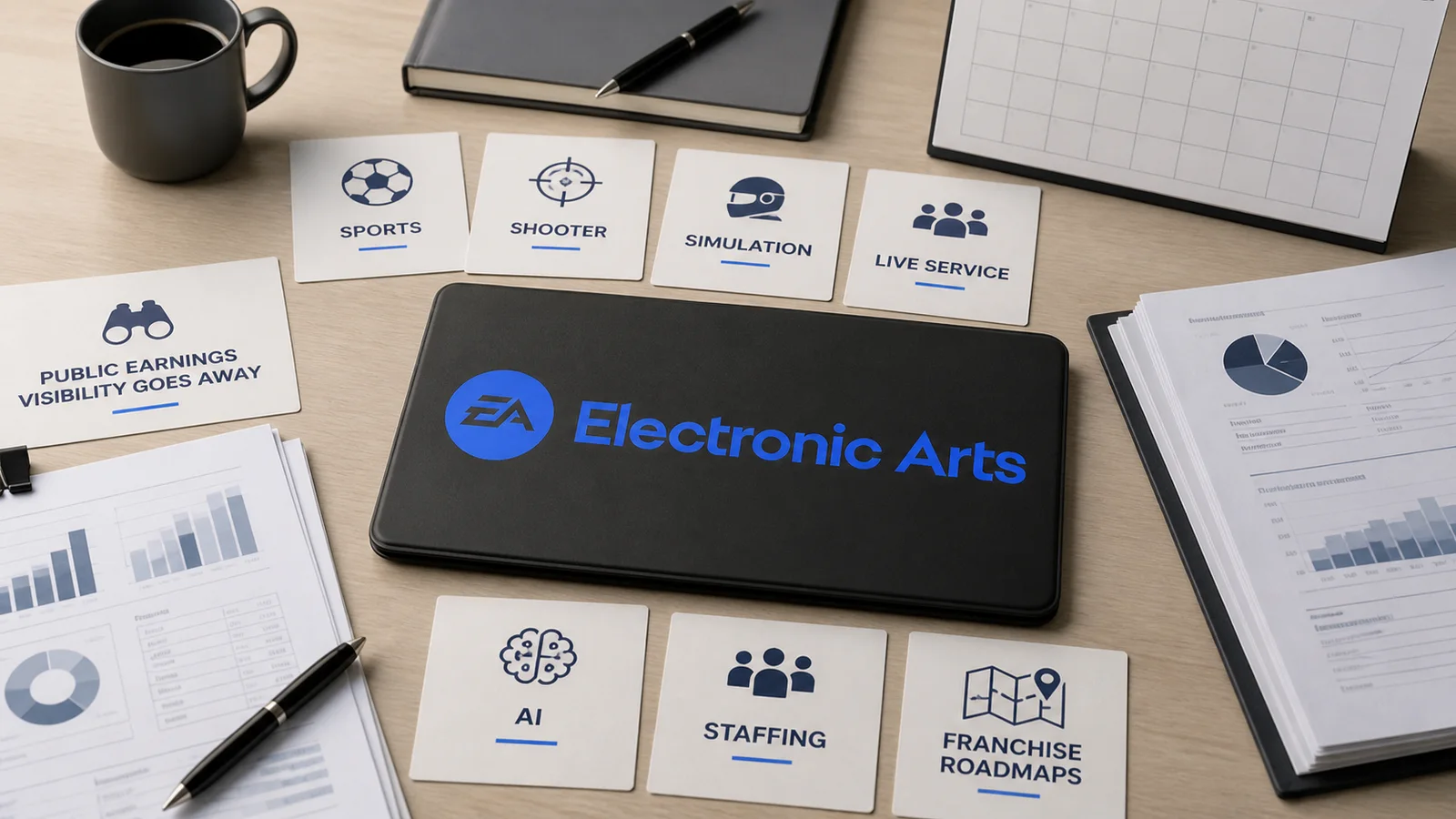 Electronic Arts branding on a worktable with blank franchise planning cards and private ownership papers