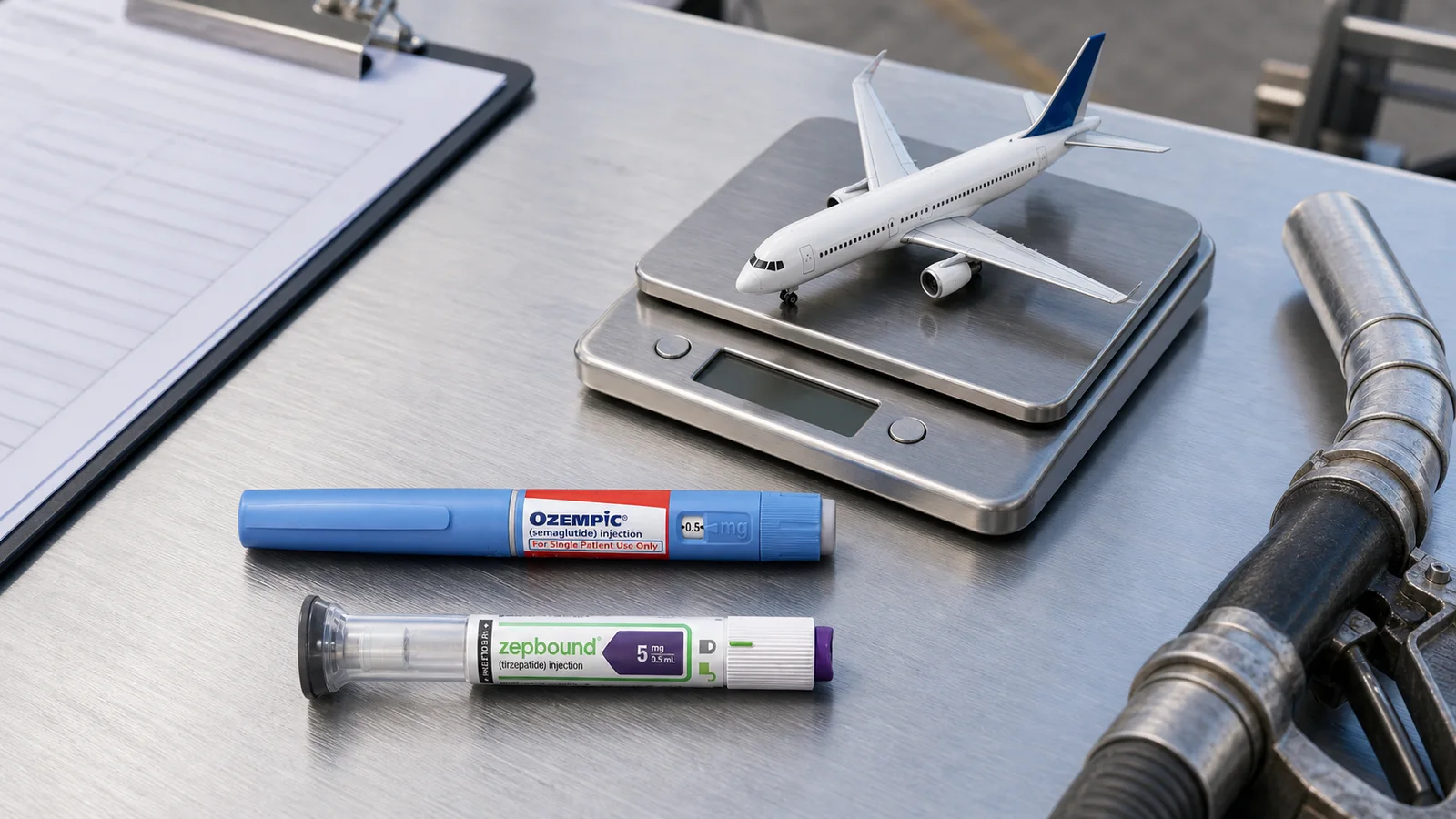 Ozempic and Zepbound pens sit beside a model aircraft on a balance scale and an aviation fuel nozzle.