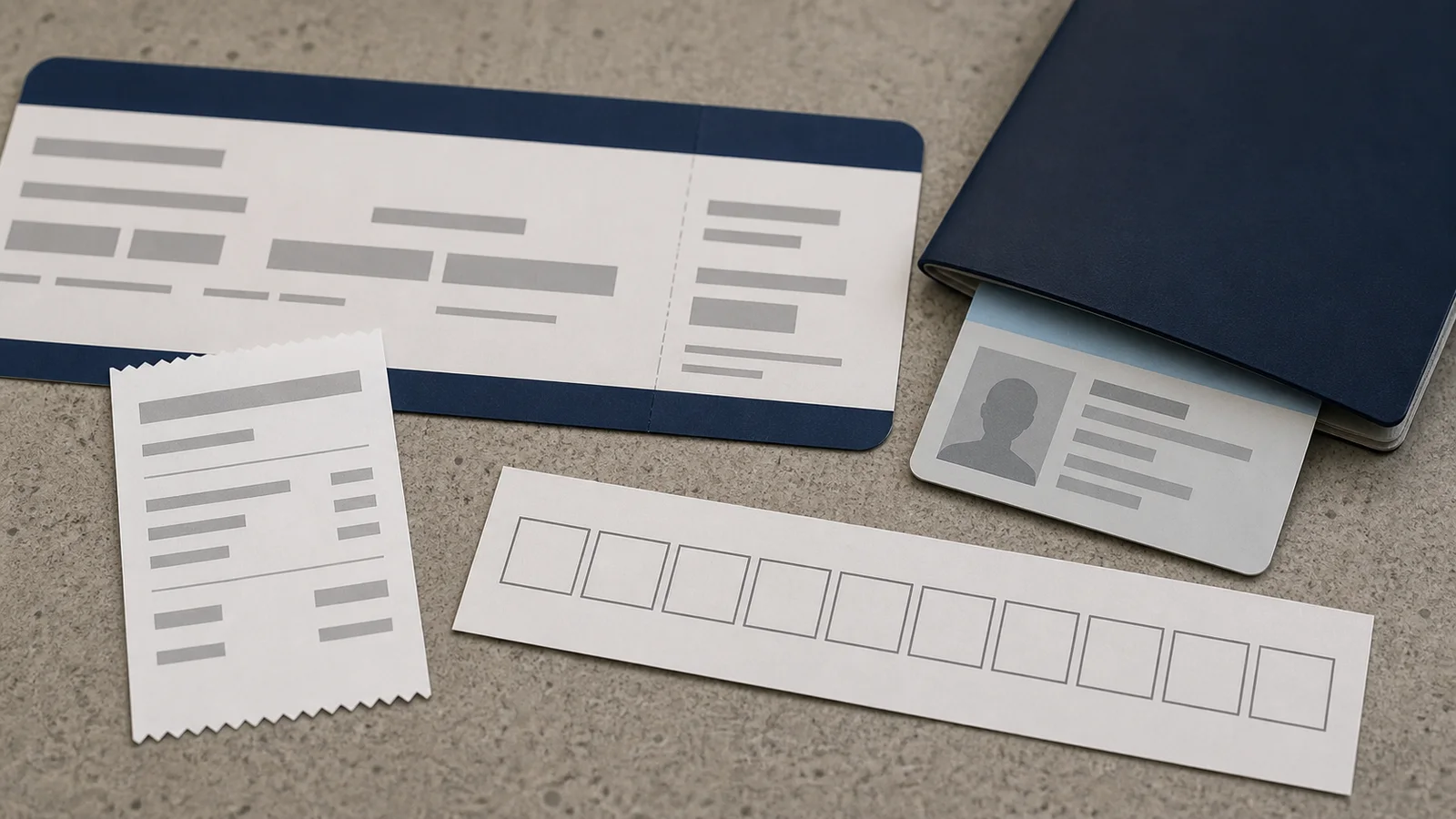 Boarding pass, blank calendar strip, ID card, and generic receipt on an airport counter